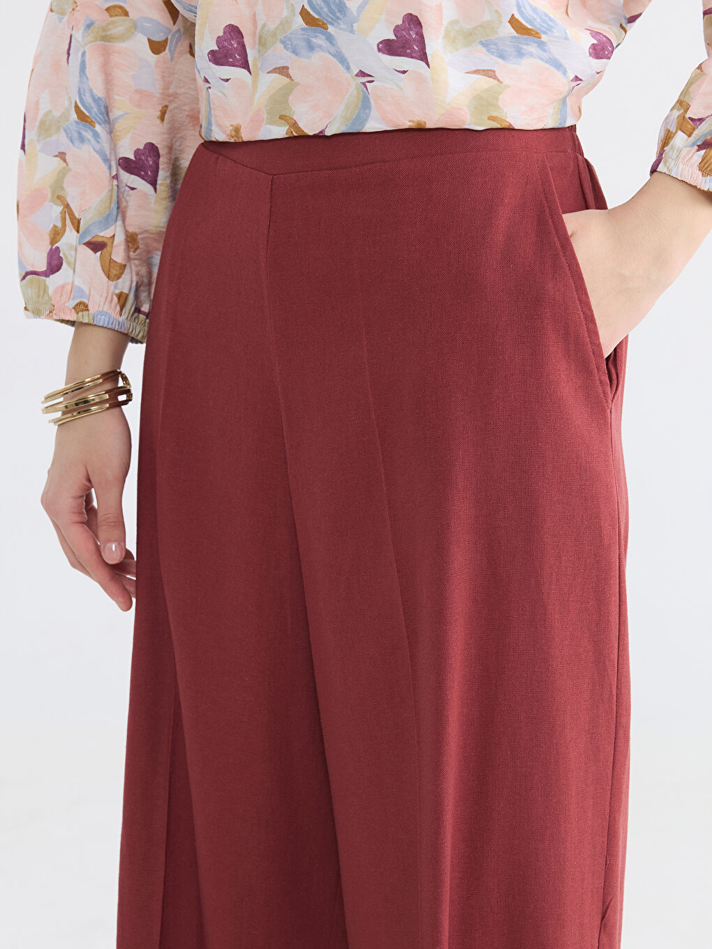 Bordo Beli Lastikli Keten Karışımlı Kadın Pantolon-2