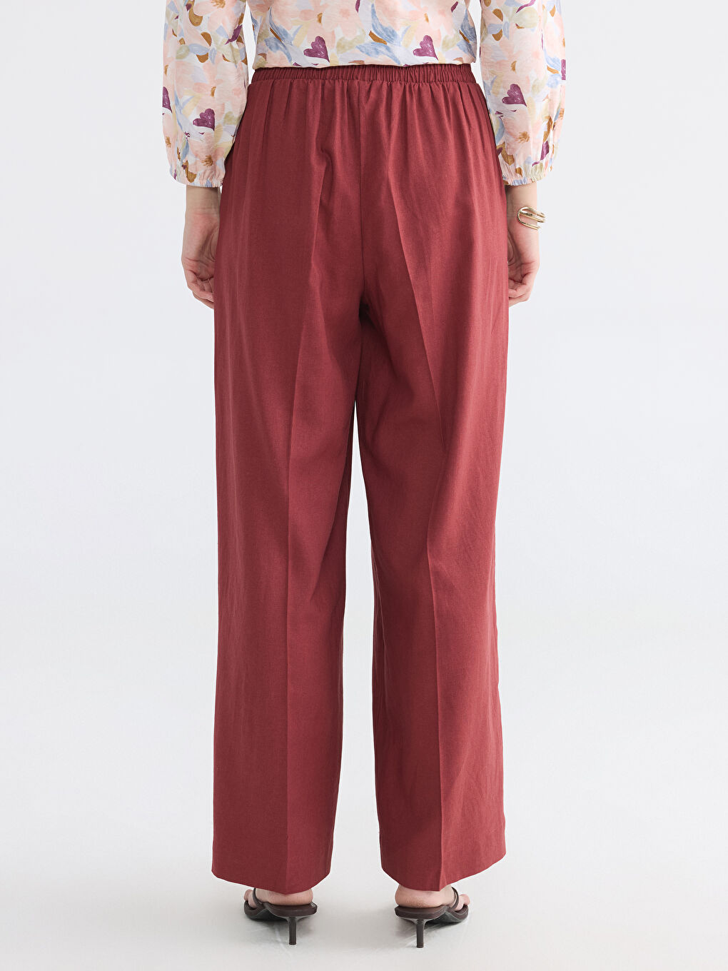 Bordo Beli Lastikli Keten Karışımlı Kadın Pantolon-3