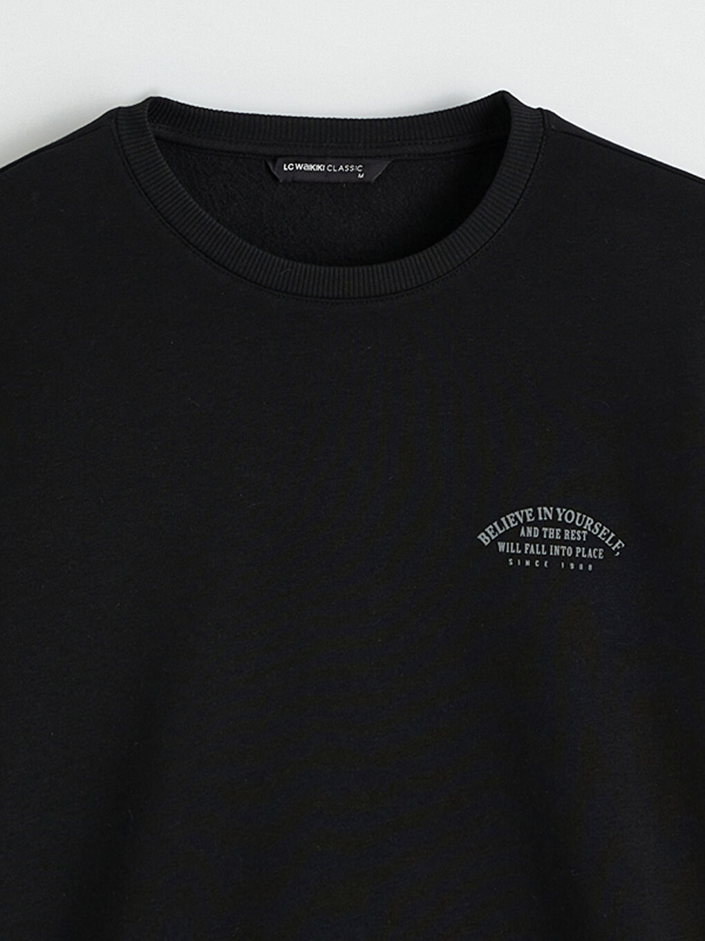 Siyah Bisiklet Yaka Baskılı Erkek Kalın Sweatshirt-1