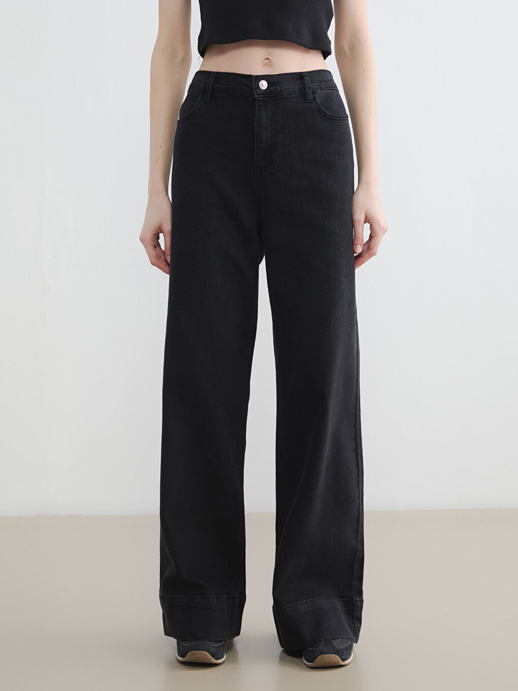 Siyah Beli Lastikli Wideleg Kadın Jean Pantolon-1