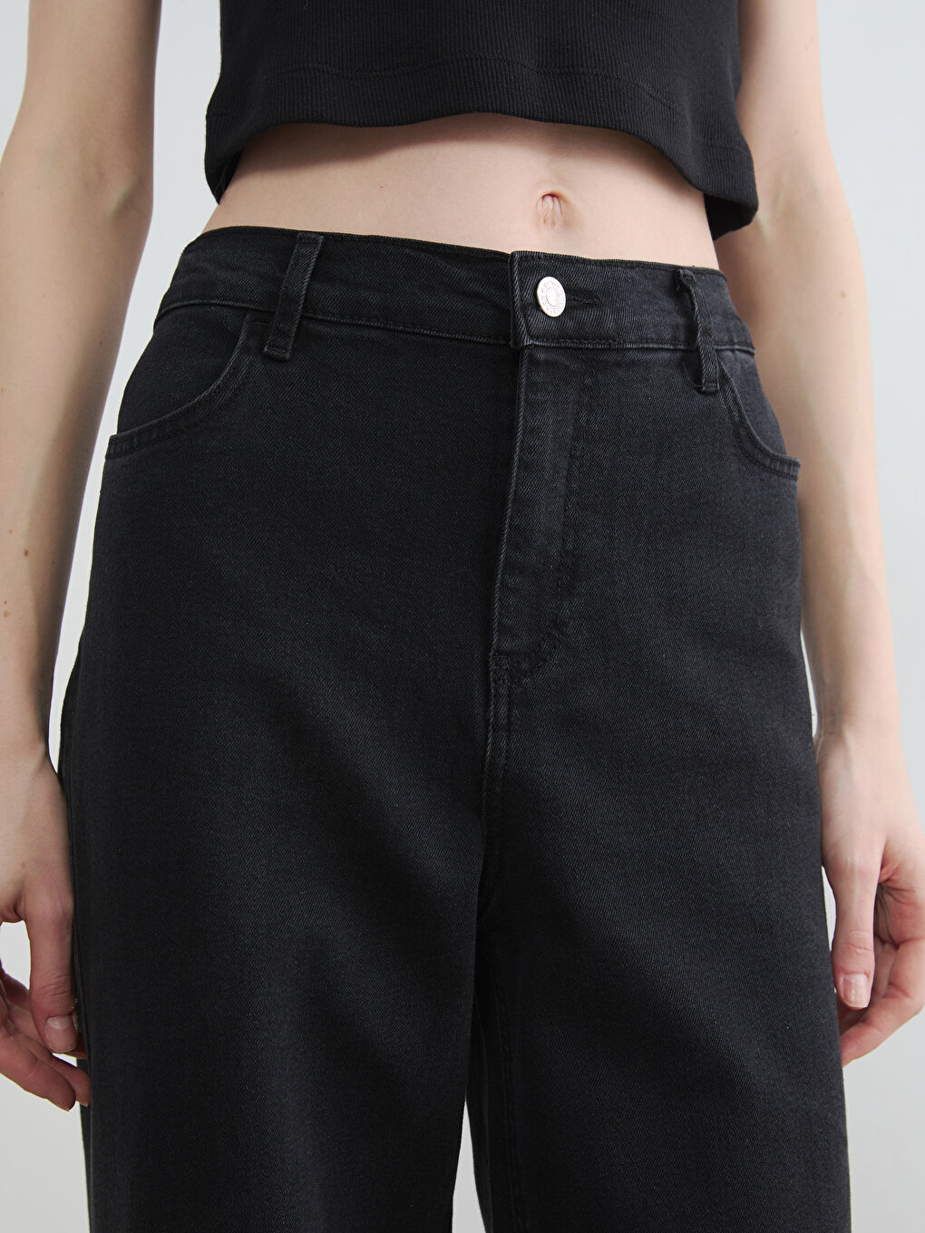 Siyah Beli Lastikli Wideleg Kadın Jean Pantolon-2