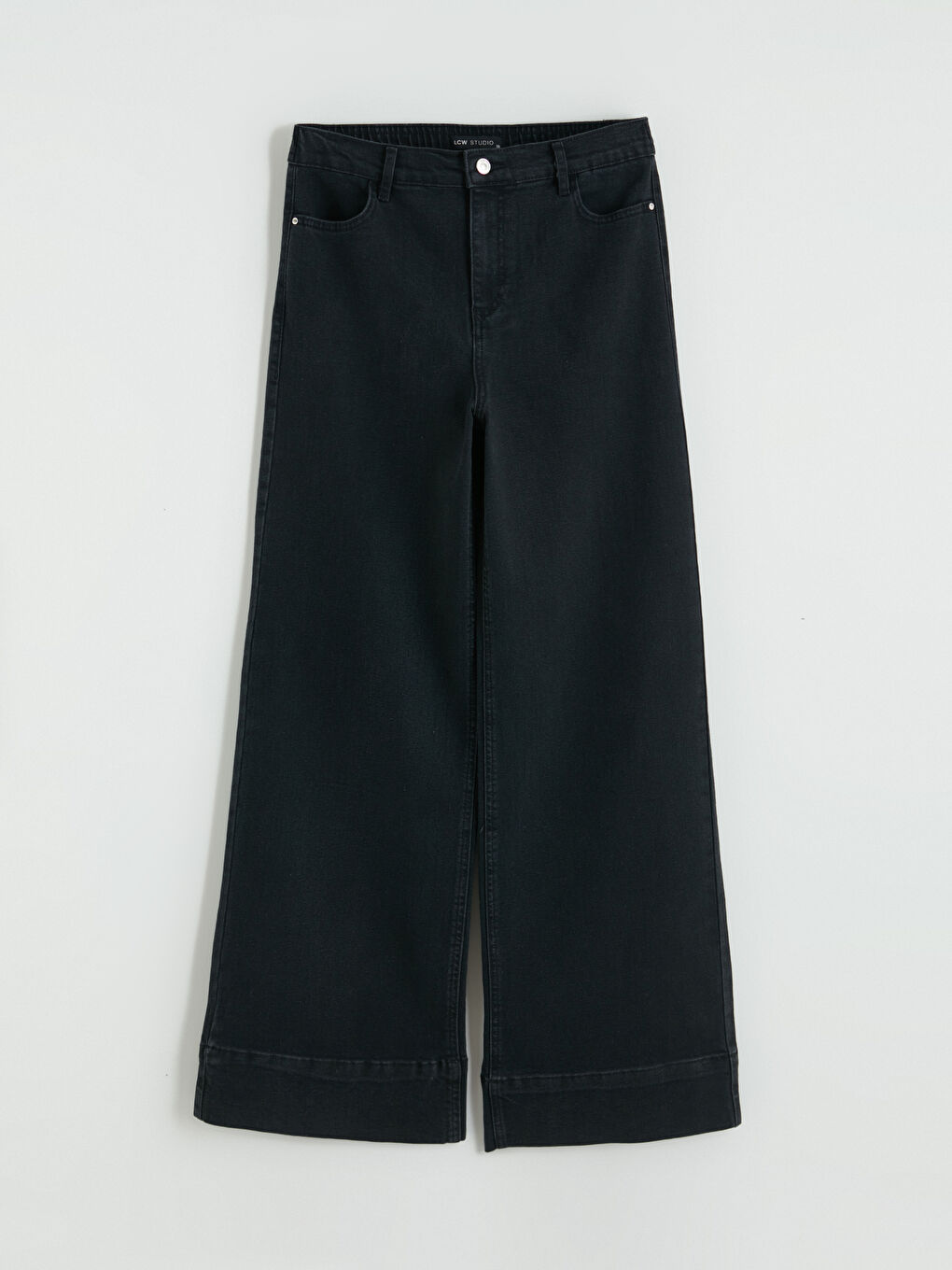 Siyah Beli Lastikli Wideleg Kadın Jean Pantolon-4