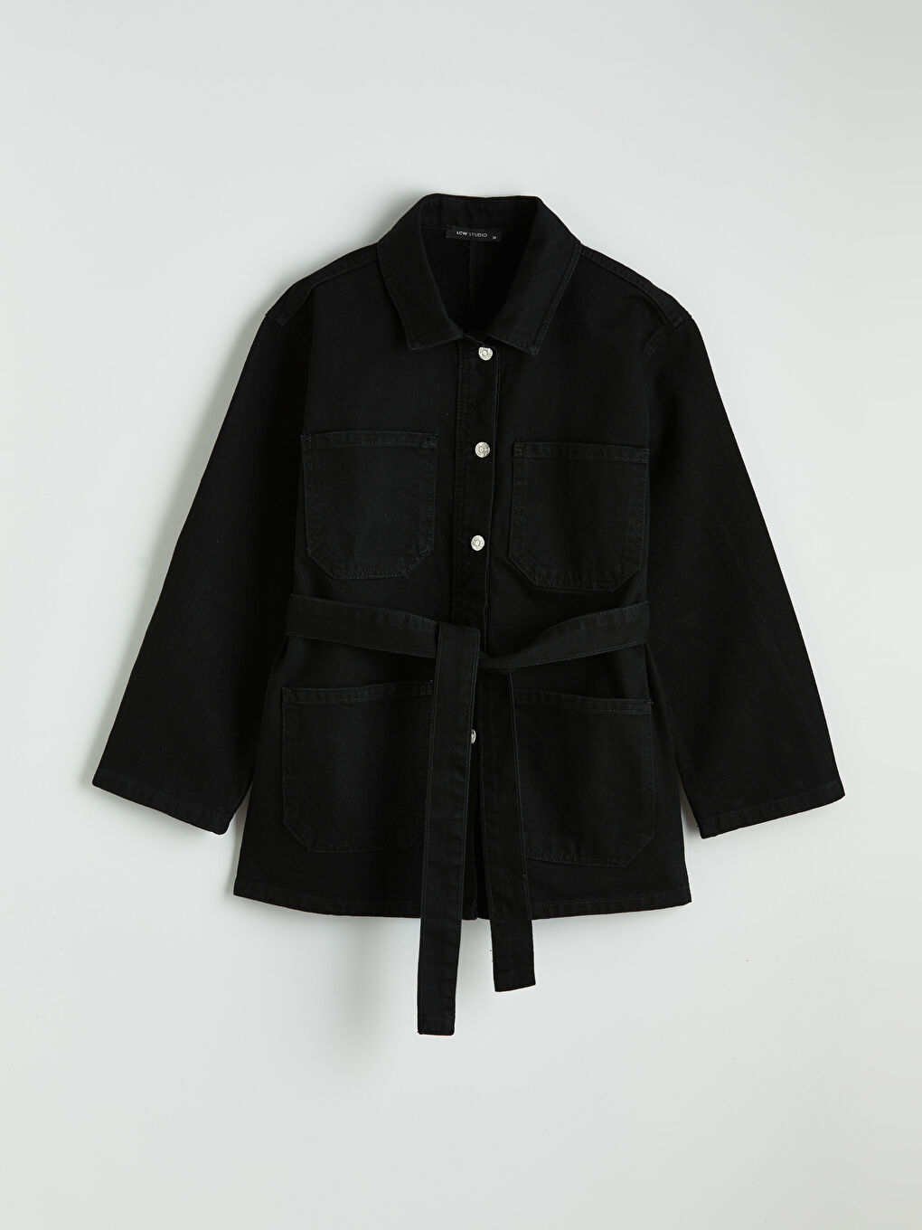 Siyah Gömlek Yaka Kuşak Detaylı Kadın Jean Ceket-4