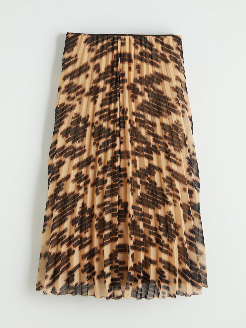 Kahverengi Beli Lastikli Desenli Şifon Pileli Etek