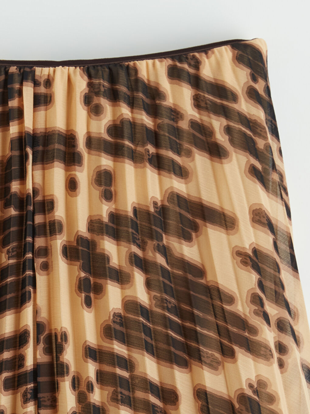 Kahverengi Beli Lastikli Desenli Şifon Pileli Etek-1