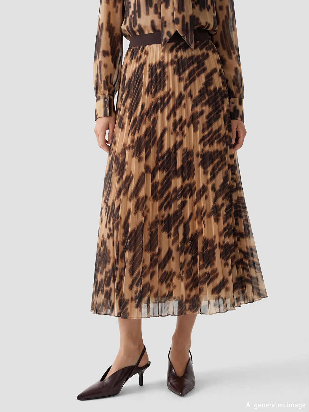 Kahverengi Beli Lastikli Desenli Şifon Pileli Etek-1