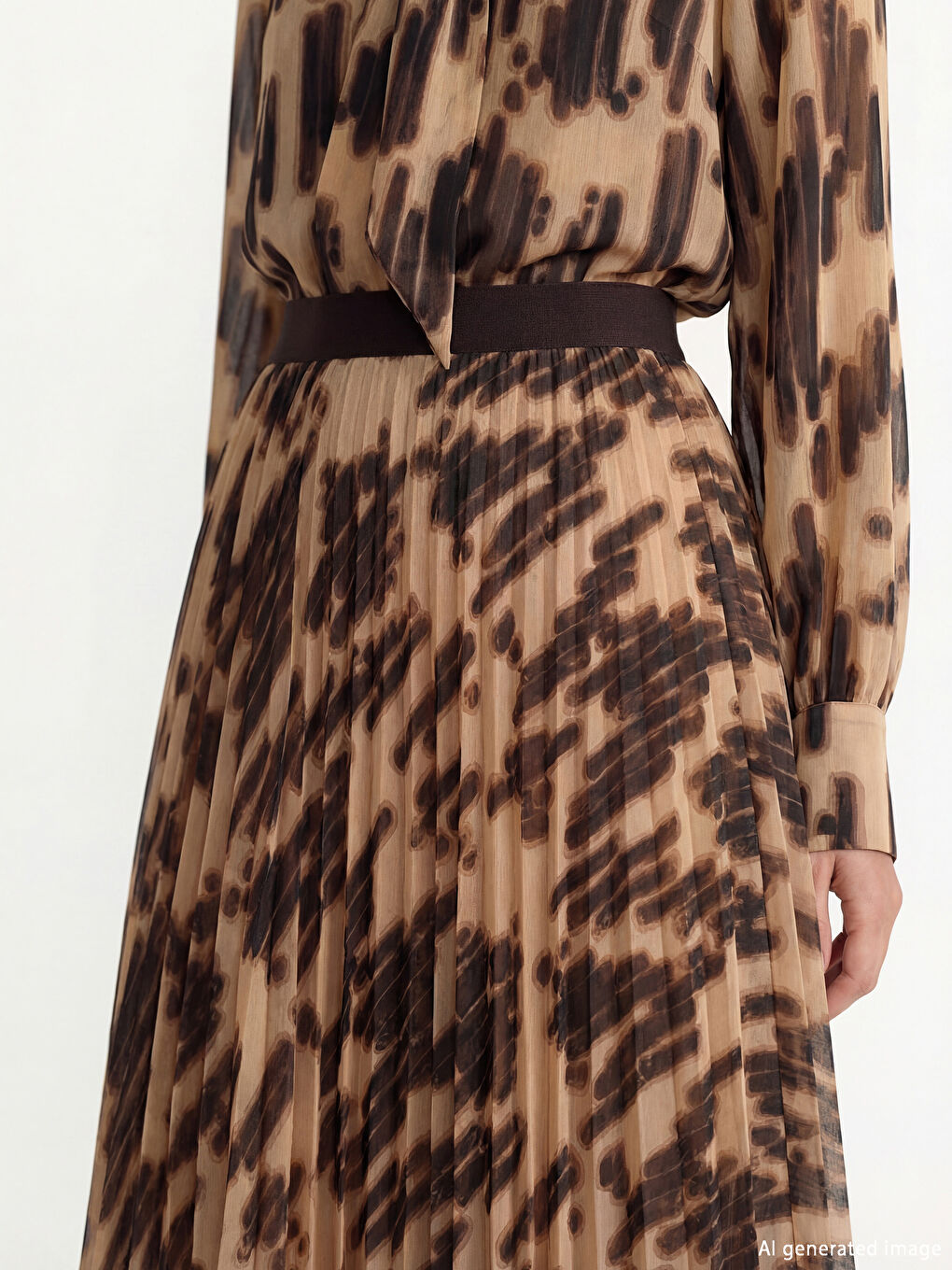 Kahverengi Beli Lastikli Desenli Şifon Pileli Etek-2