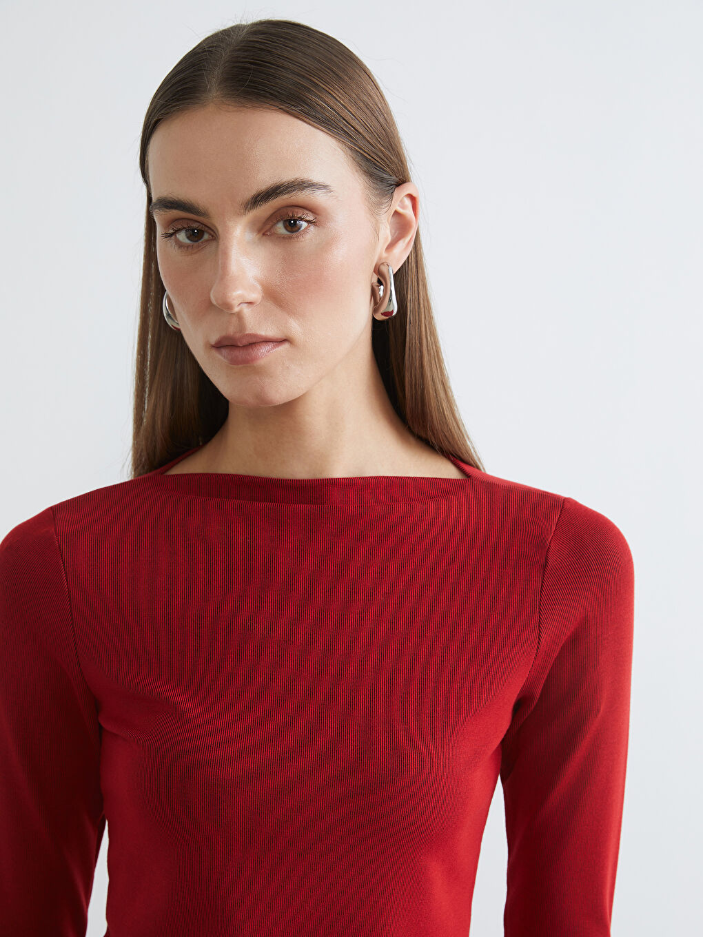 Kırmızı Kayık Yaka Fitilli Kadın Body