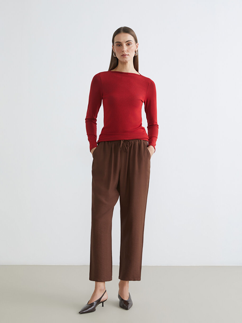 Kırmızı Kayık Yaka Fitilli Kadın Body-1