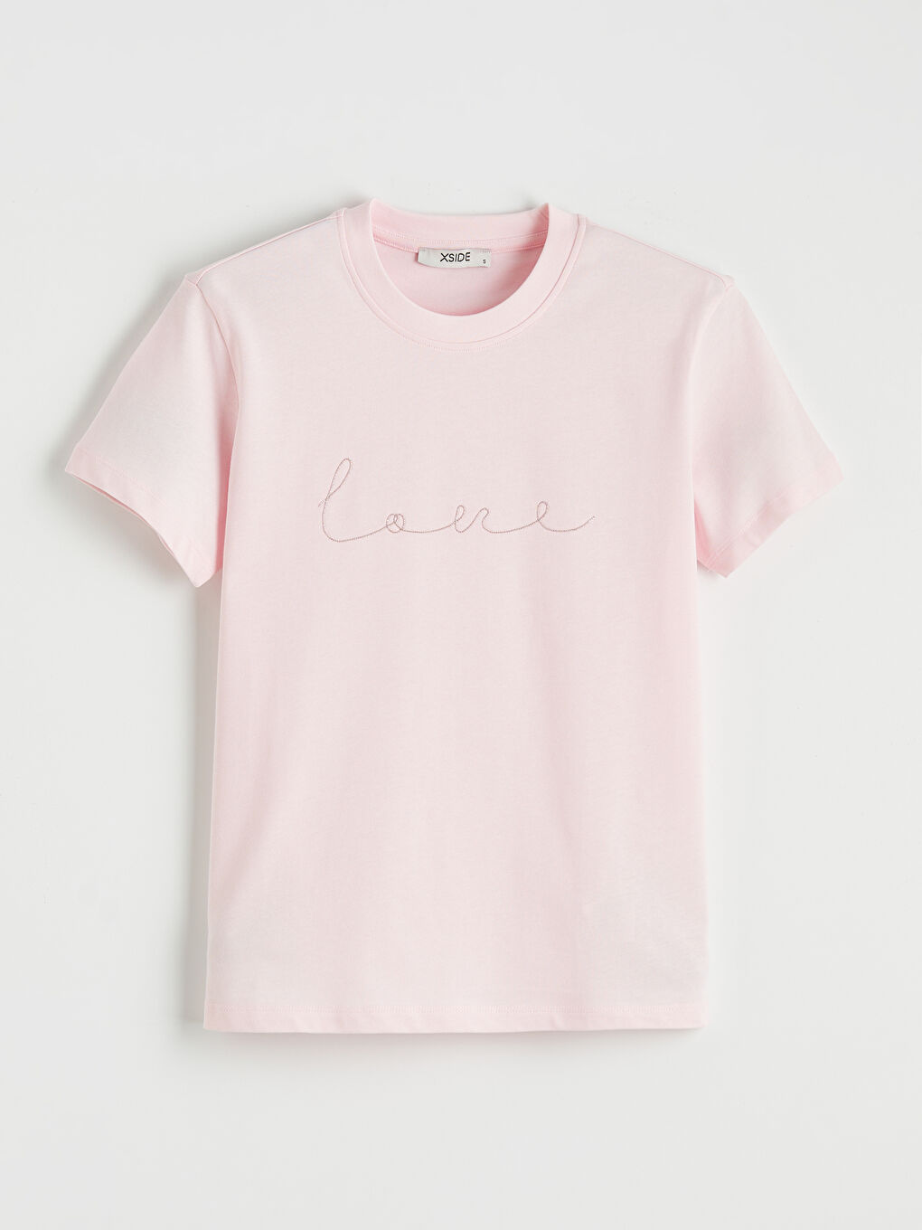 Pembe Bisiklet Yaka Taşlı Kadın Tişört