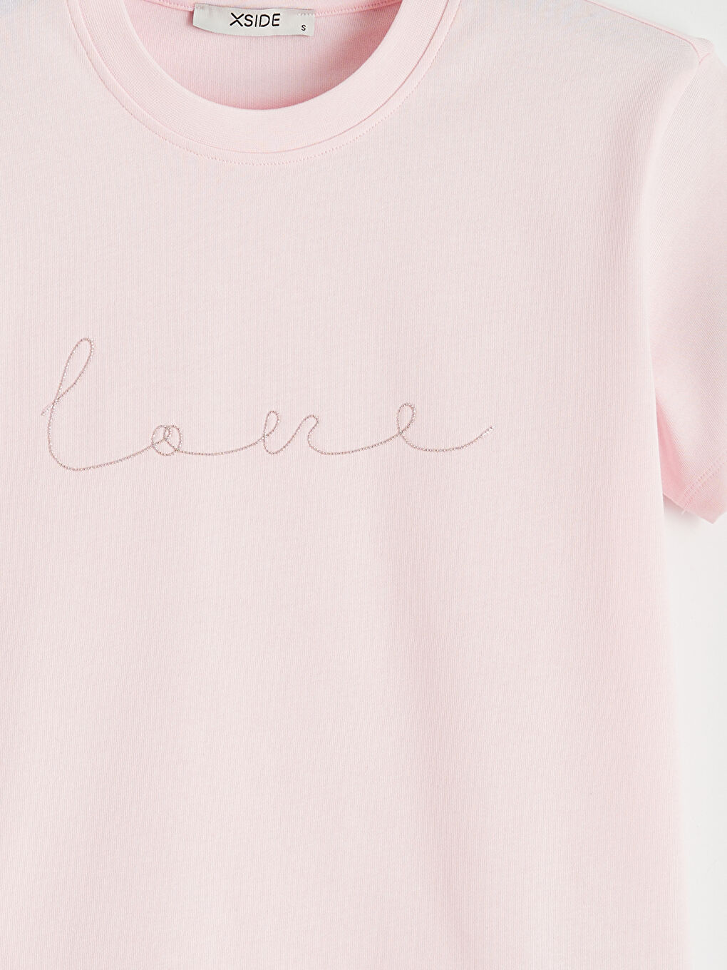Pembe Bisiklet Yaka Taşlı Kadın Tişört-1