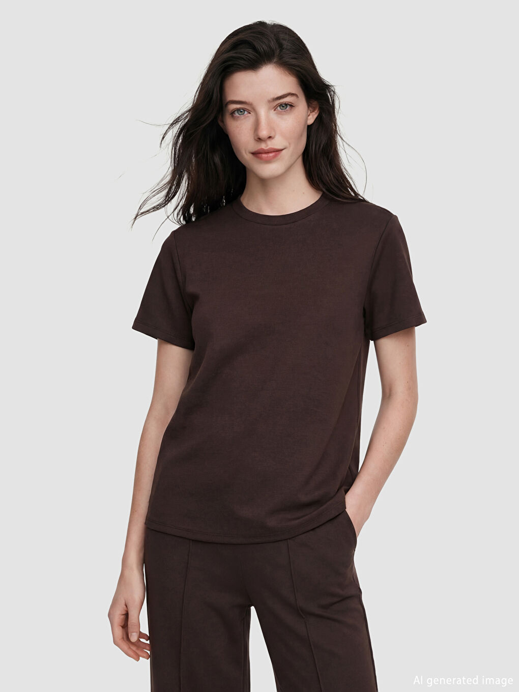 Kahverengi Bisiklet Yaka Kadın Tişört