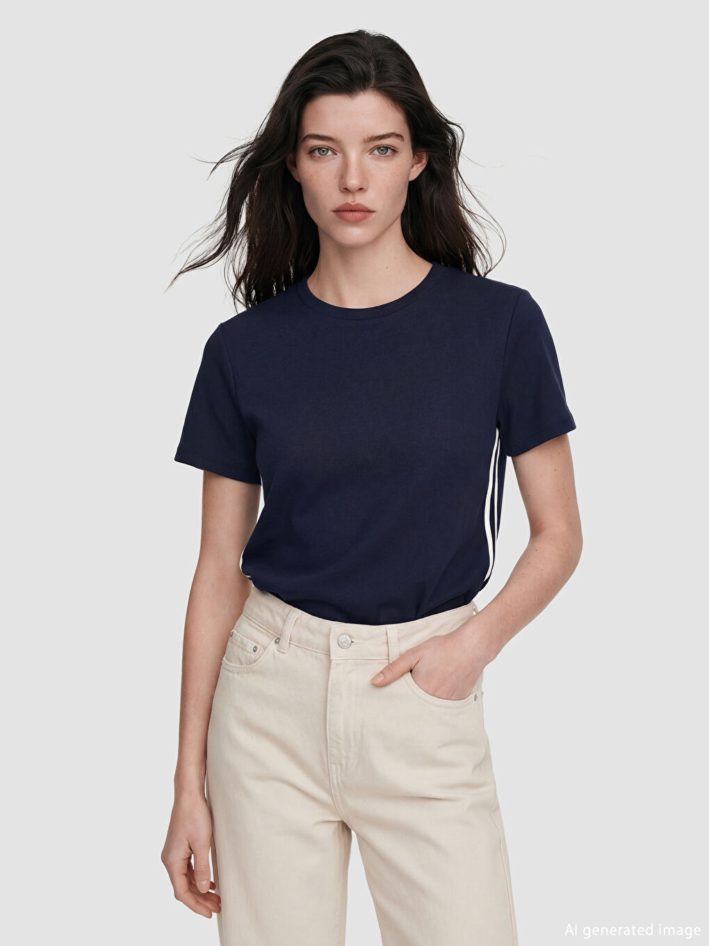 Lacivert Bisiklet Yaka Kadın Tişört