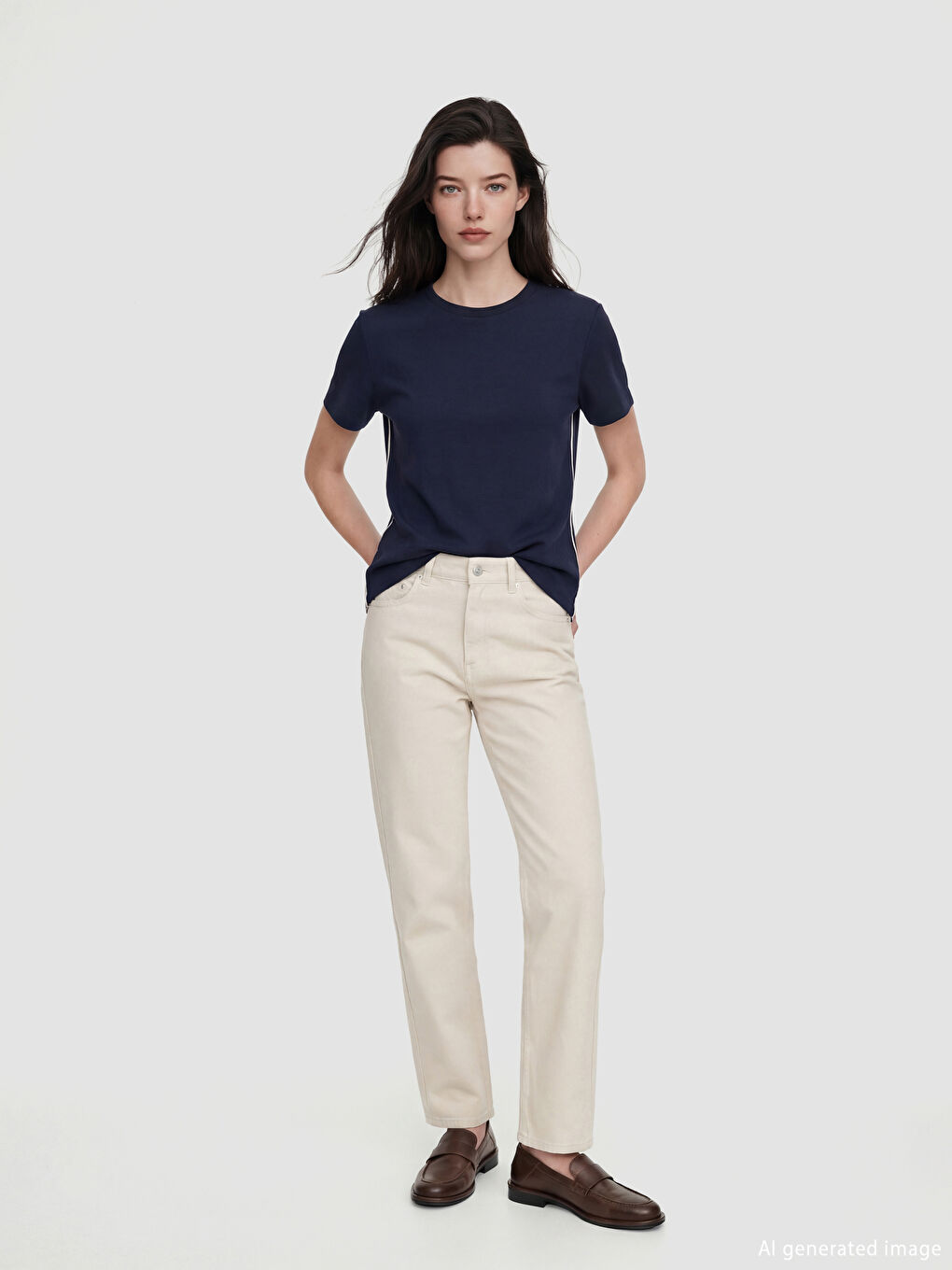 Lacivert Bisiklet Yaka Kadın Tişört-1