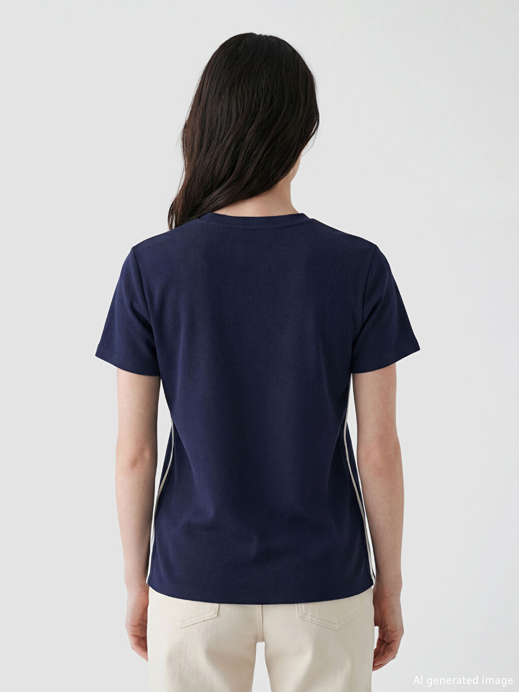 Lacivert Bisiklet Yaka Kadın Tişört-3