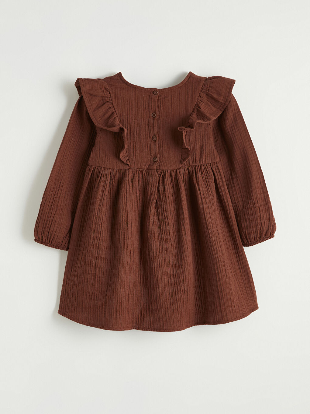 Kahverengi Fırfırlı Nakışlı Kız Bebek Müslin Elbise	-2