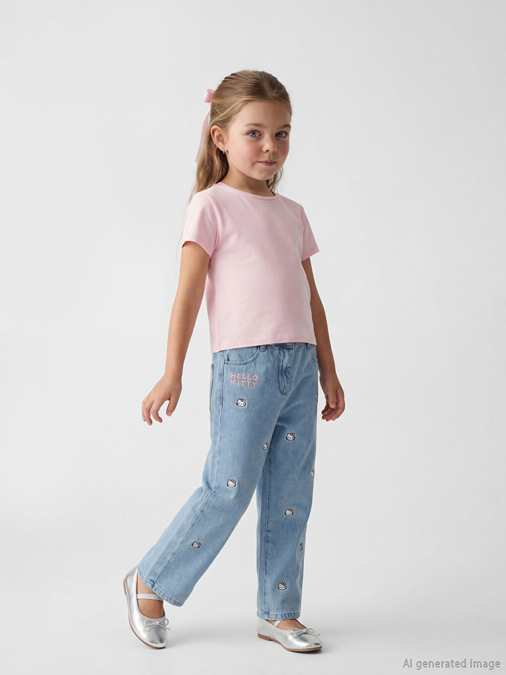 Mavi Regular Fit Hello Kitty Nakışlı Kız Çocuk Jean Pantolon