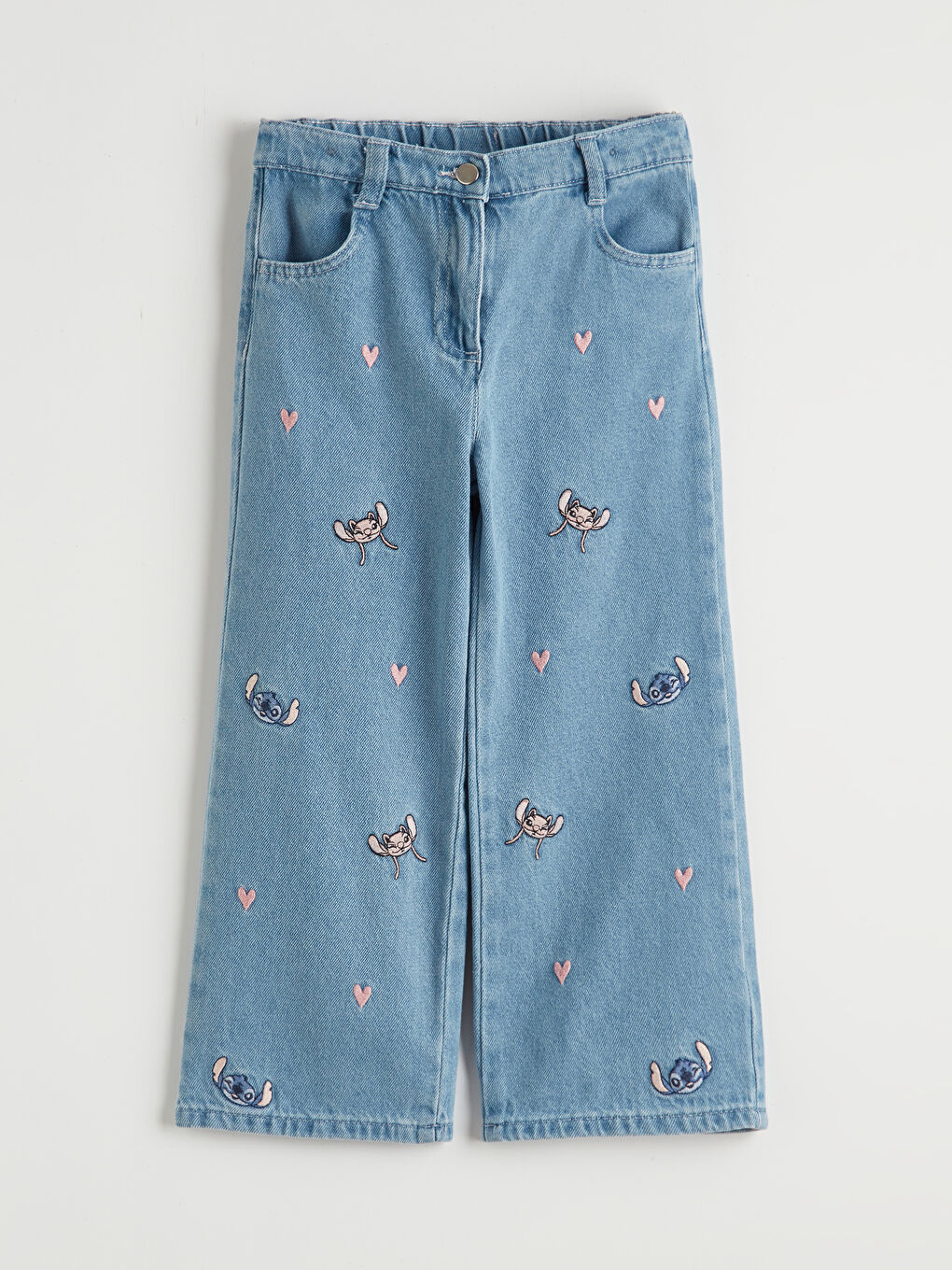 Mavi Stitch ve Angel Nakışlı Kız Çocuk Jean Pantolon