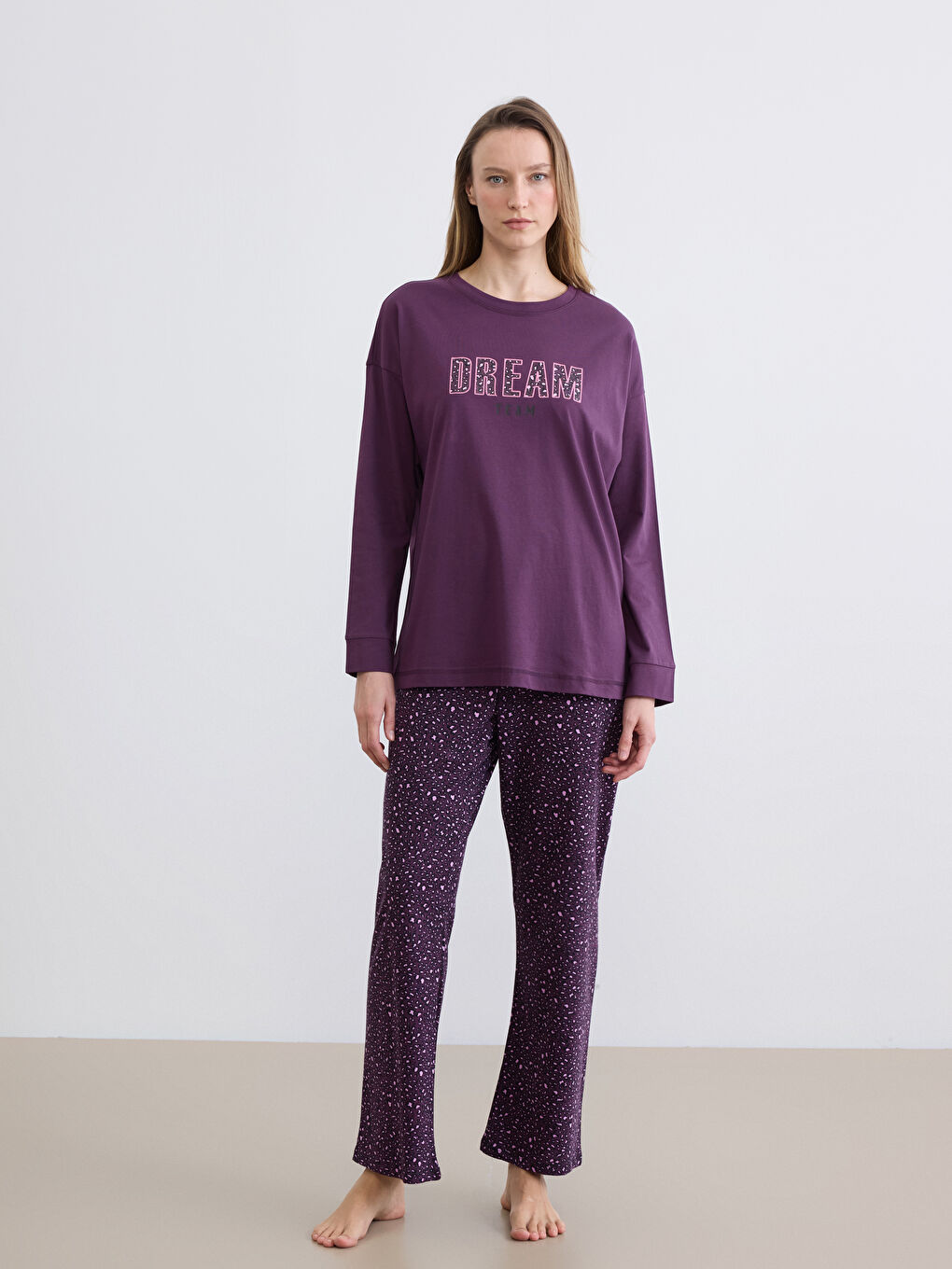Ensemble de pyjama imprimé à col rond pour femme-2