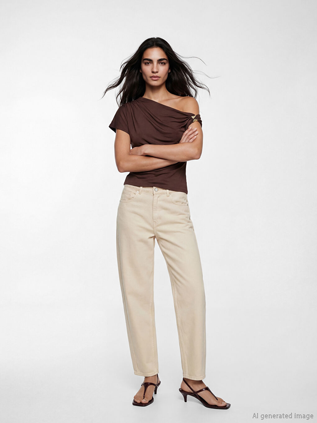 Ekru Yüksek Bel Barrel Fit Kadın Jean Pantolon