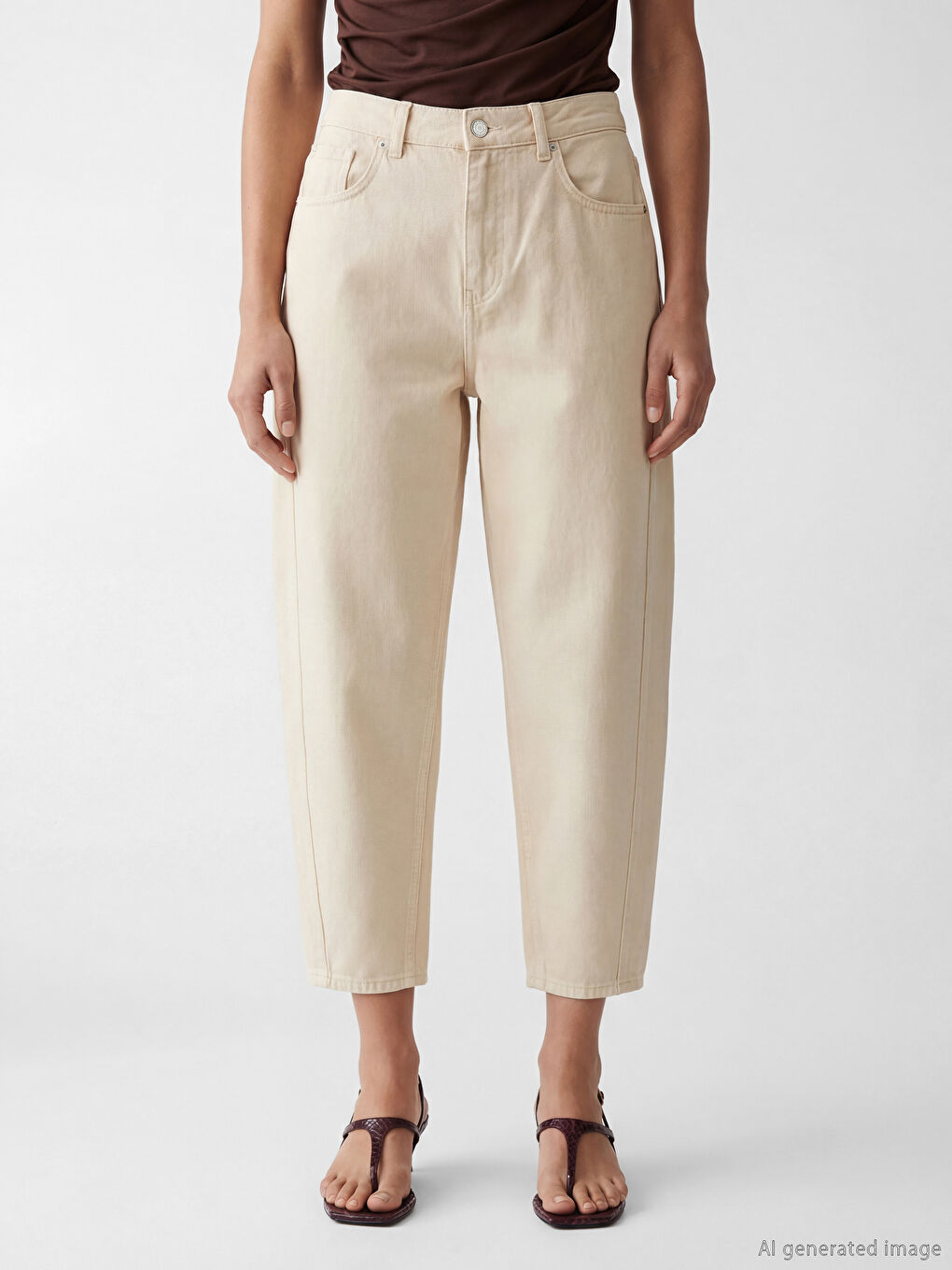 Ekru Yüksek Bel Barrel Fit Kadın Jean Pantolon-1