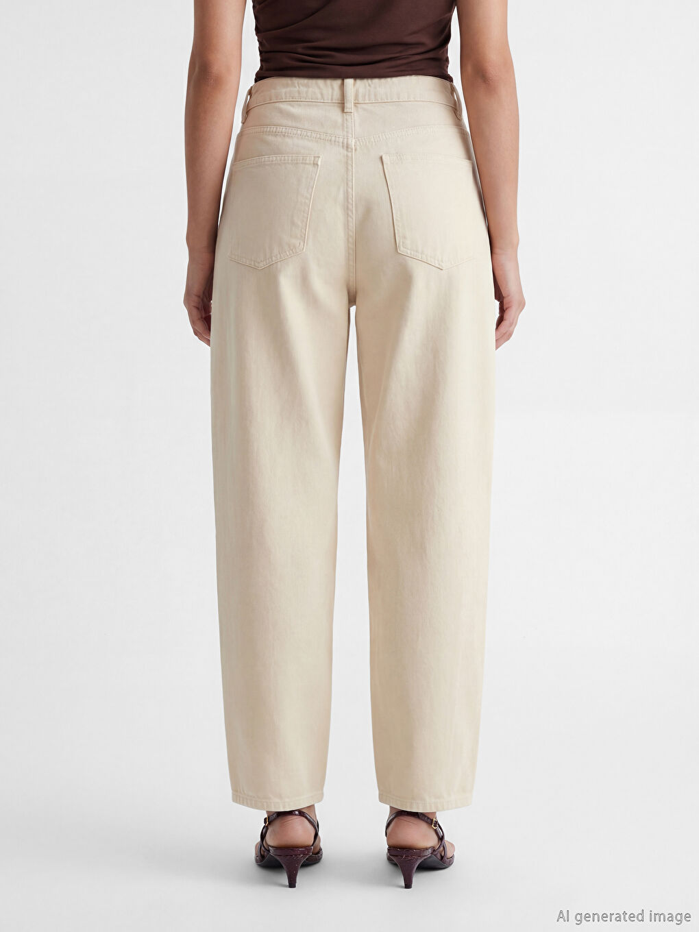 Ekru Yüksek Bel Barrel Fit Kadın Jean Pantolon-2