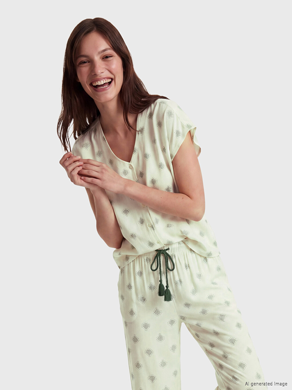 Ekru V Yaka Desenli Kadın Pijama Takımı-1