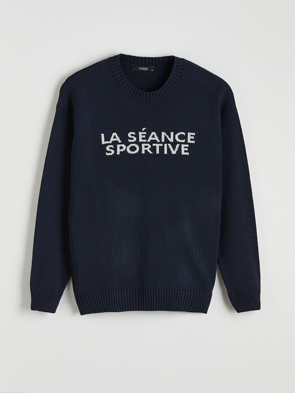 Lacivert Bisiklet Yaka Slogan Baskılı Erkek Triko Kazak