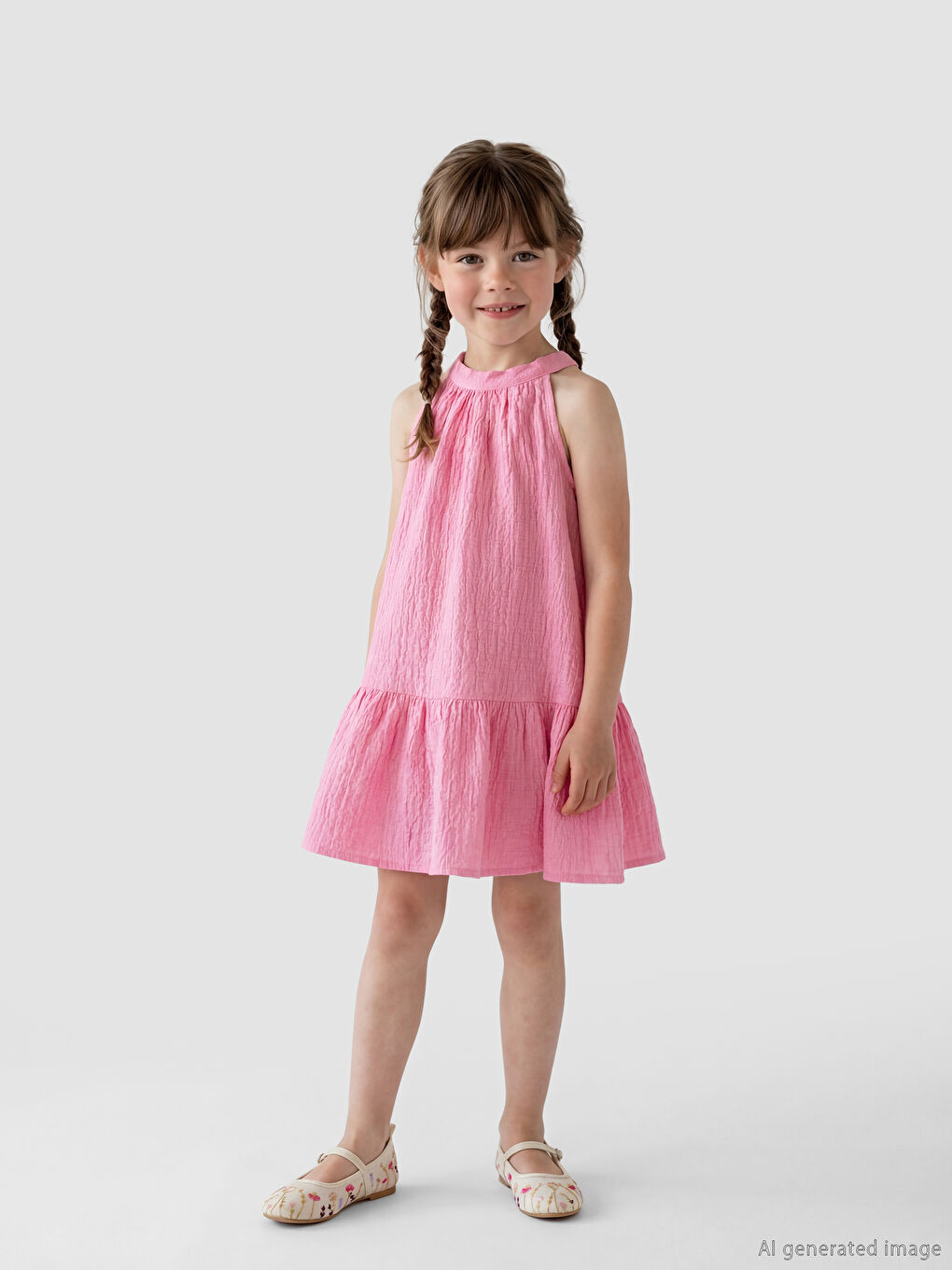 Pembe Halter Yaka Kız Çocuk Elbise