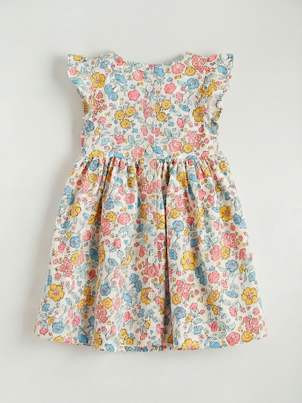 Ekru Çiçek Fırfırlı Kız Çocuk Elbise-1