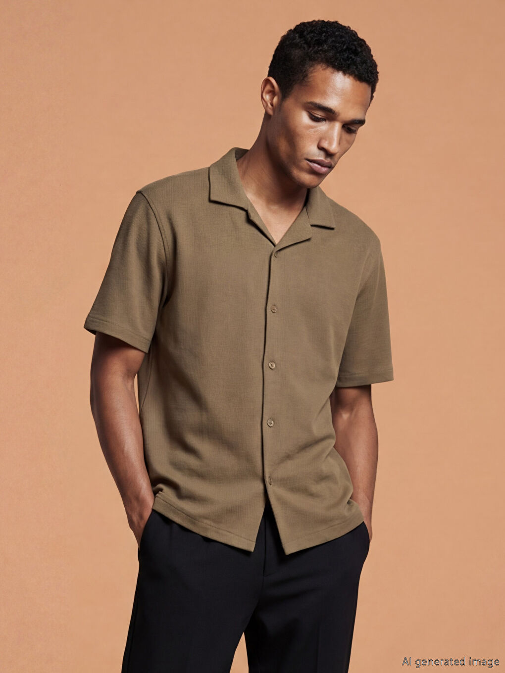Haki Regular Fit Kısa Kollu Resort Yaka Erkek Gömlek
