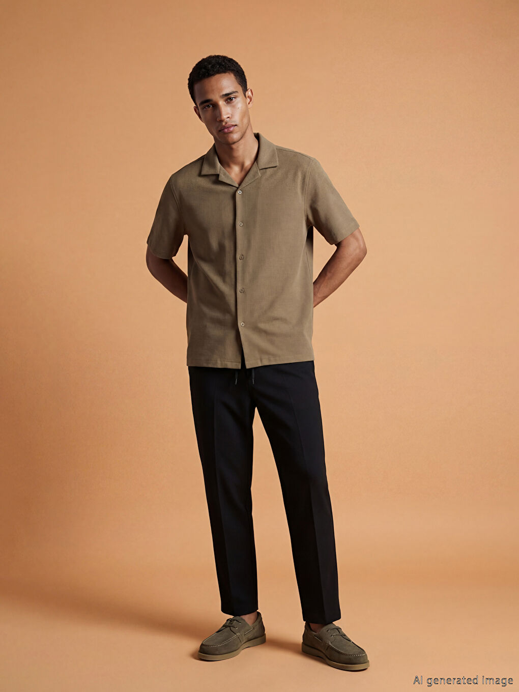 Haki Regular Fit Kısa Kollu Resort Yaka Erkek Gömlek-1