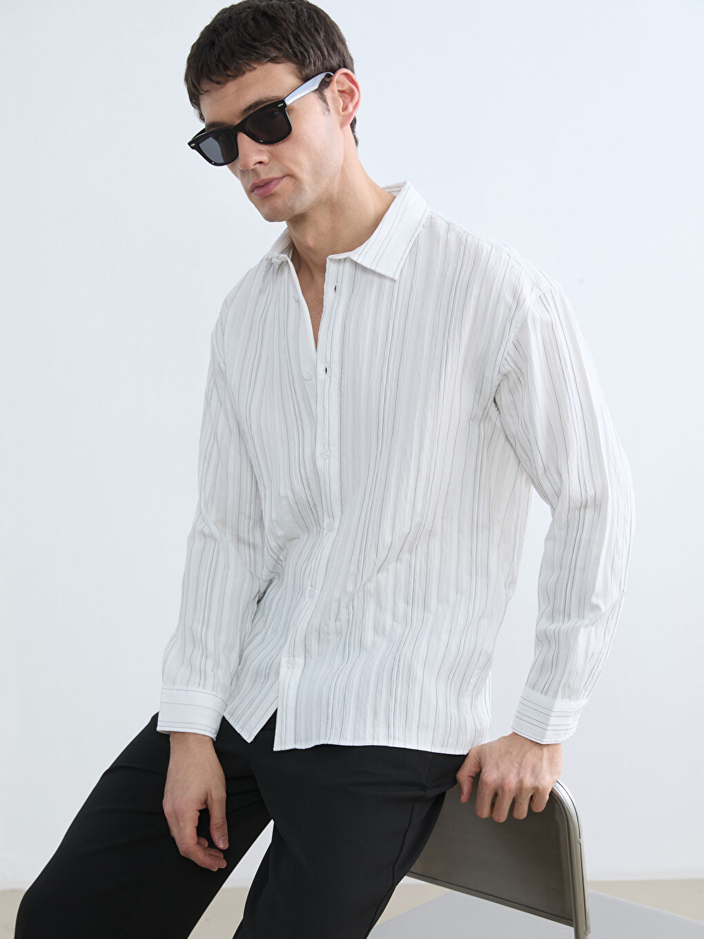 Beyaz Regular Fit Çizgili Poplin Erkek Gömlek