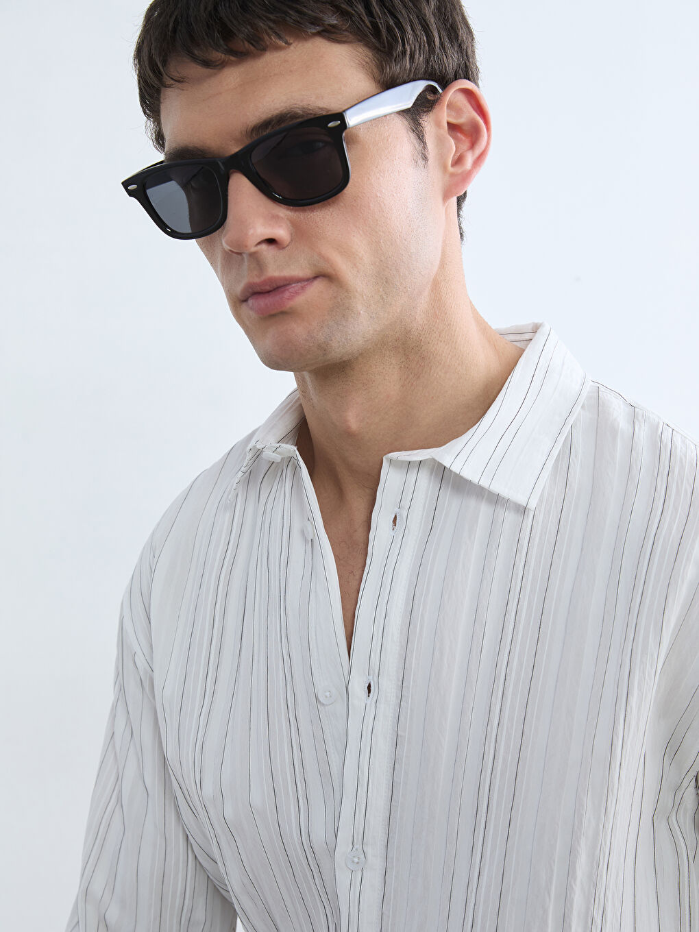 Beyaz Regular Fit Çizgili Poplin Erkek Gömlek-2