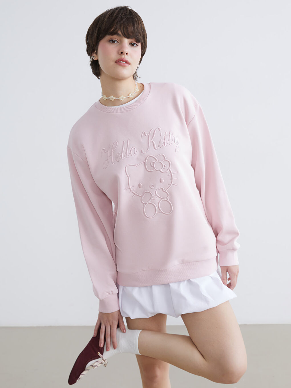 Pembe Hello Kitty Nakışlı Oversize Kadın Kalın Sweatshirt