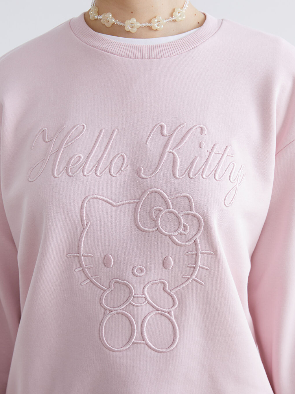 Pembe Hello Kitty Nakışlı Oversize Kadın Kalın Sweatshirt-2