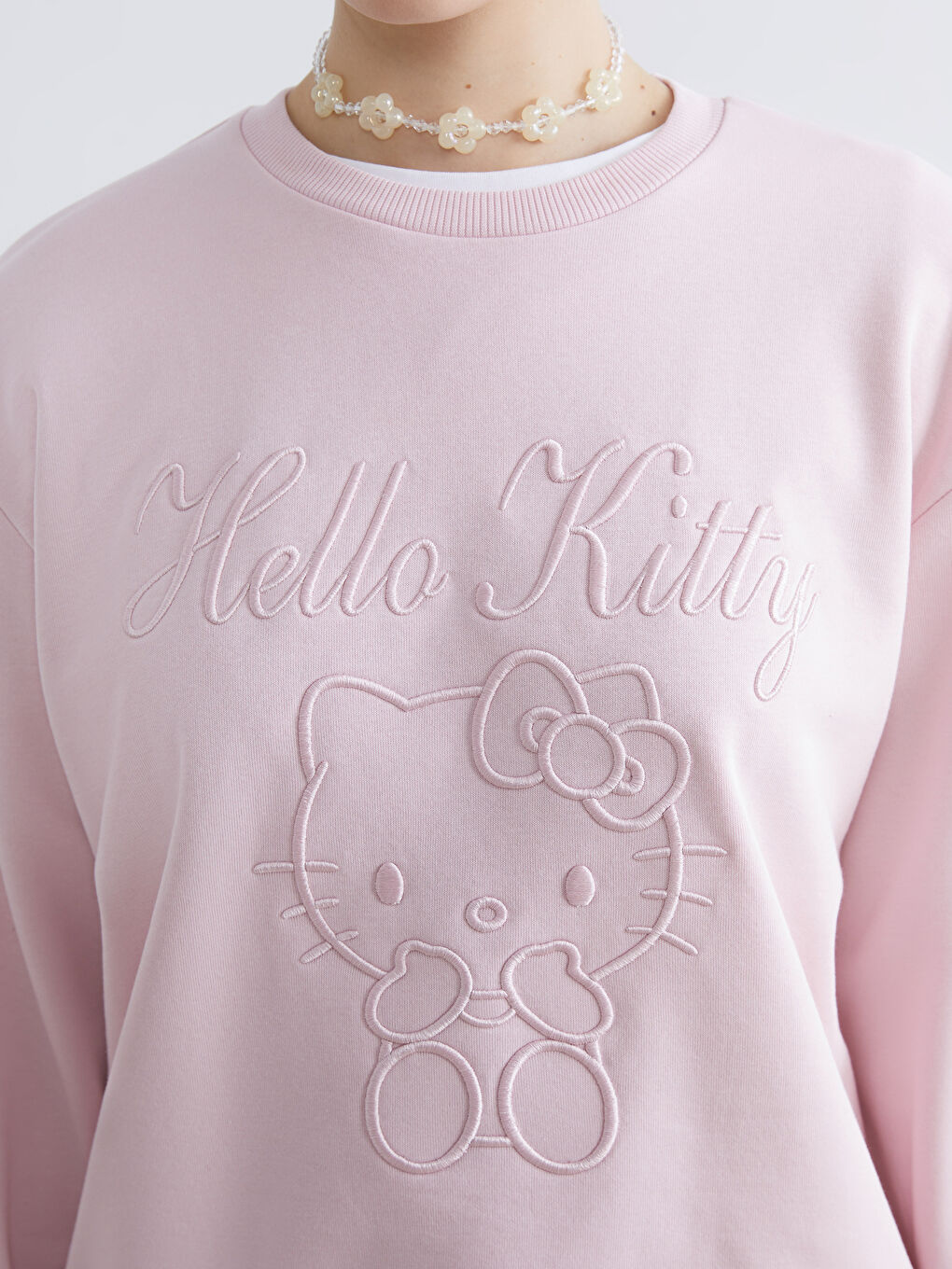 Pembe Hello Kitty Nakışlı Oversize Kadın Kalın Sweatshirt-2