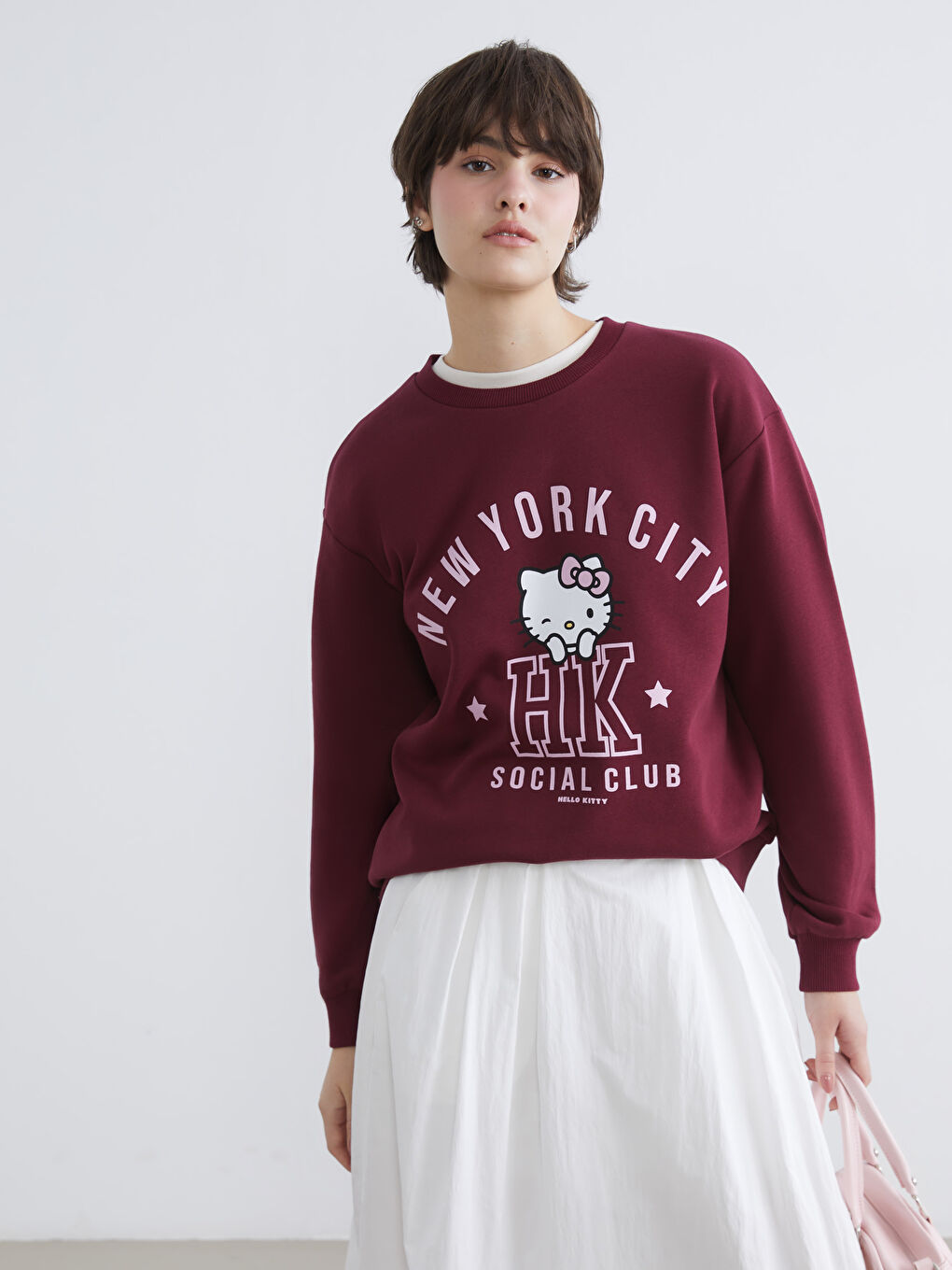 Bordo Hello Kitty Baskılı Kadın Kalın Sweatshirt	