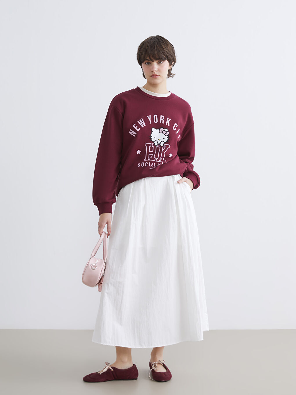 Bordo Hello Kitty Baskılı Kadın Kalın Sweatshirt	-1