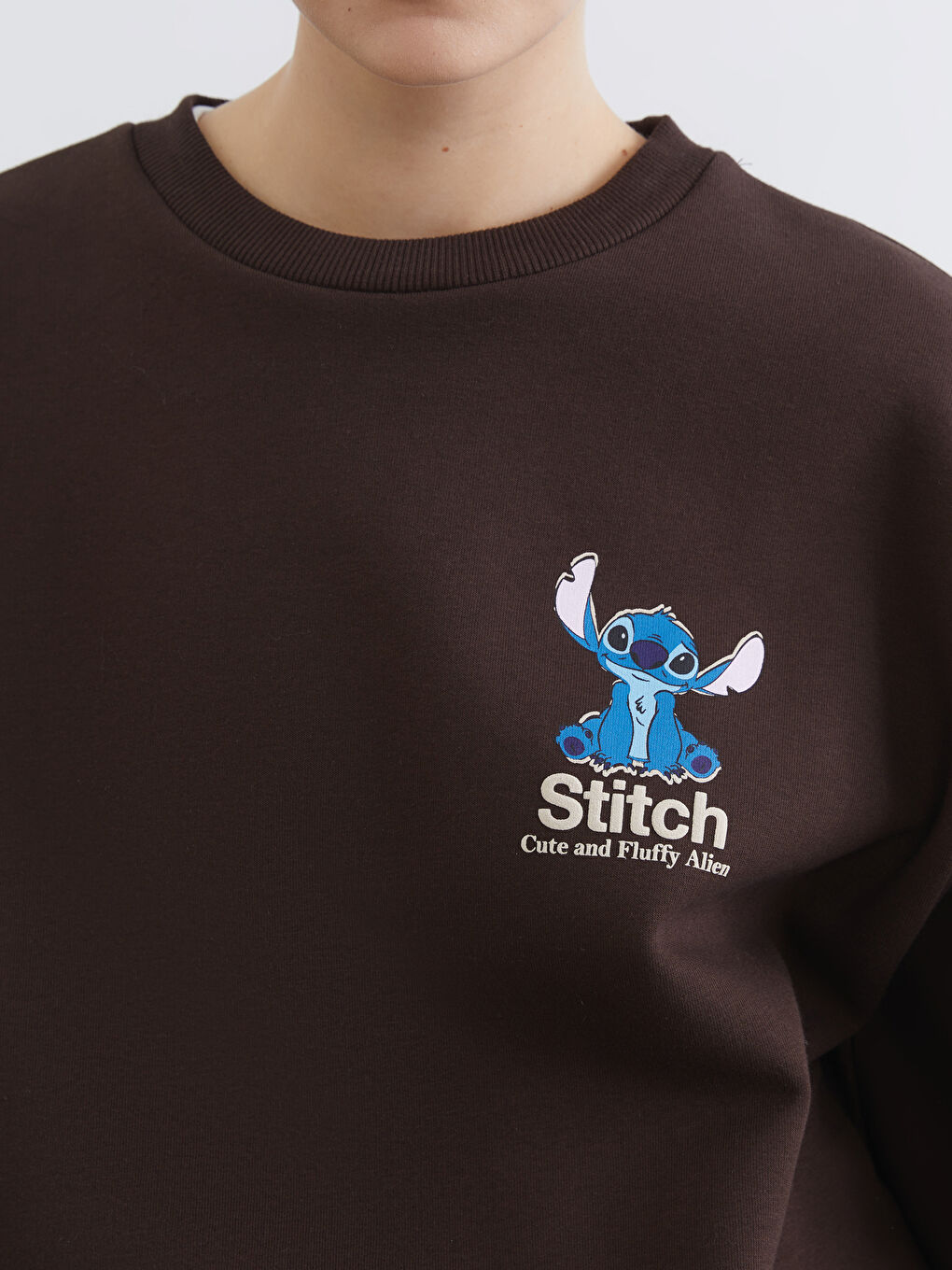 Kahverengi Stitch Baskılı Oversize Kadın Kalın Sweatshirt-2