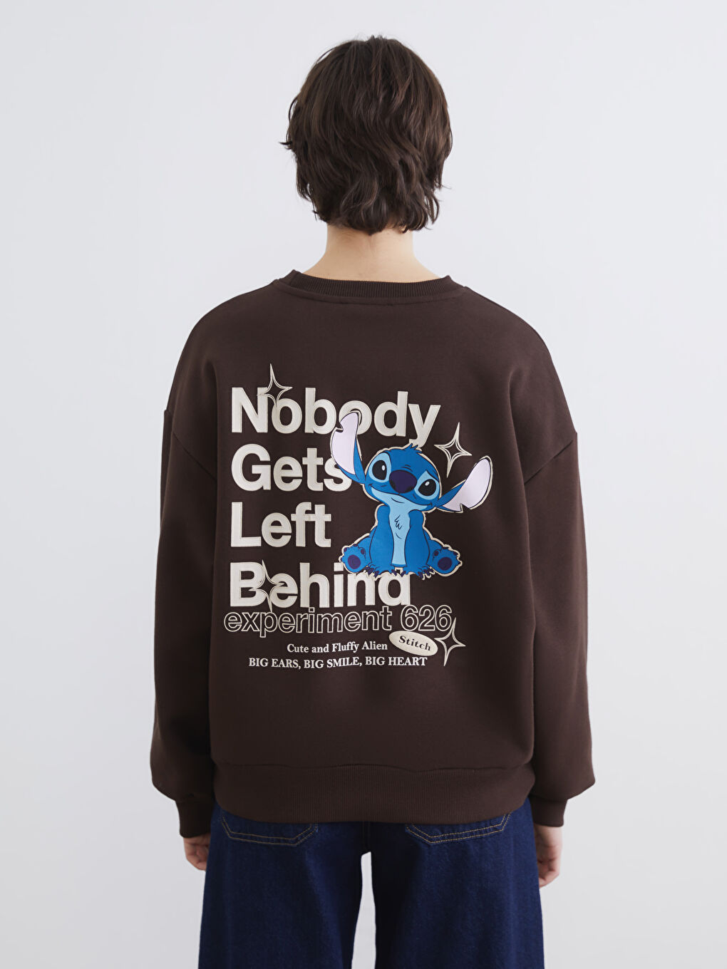 Kahverengi Stitch Baskılı Oversize Kadın Kalın Sweatshirt-4