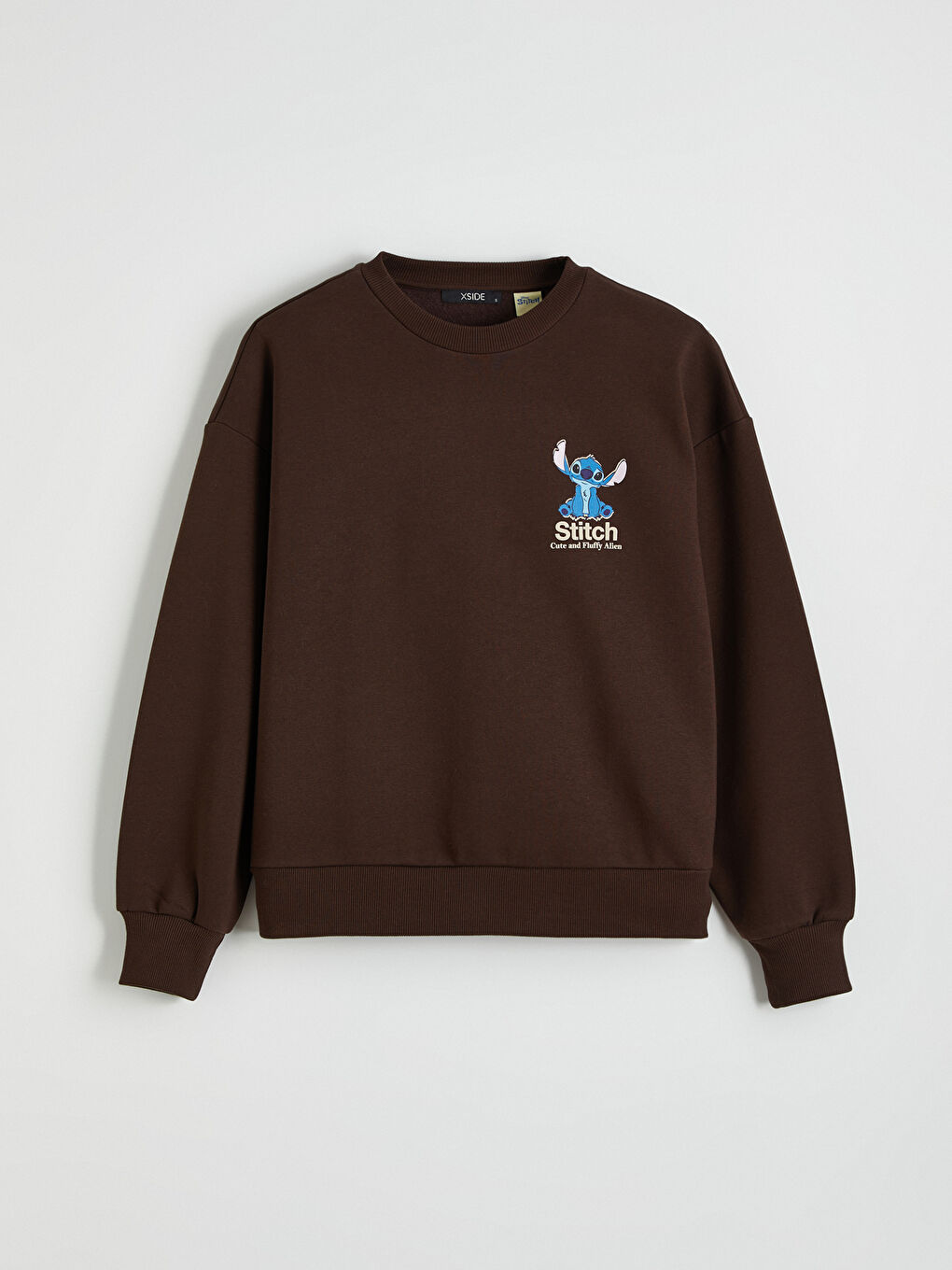 Kahverengi Stitch Baskılı Oversize Kadın Kalın Sweatshirt-5