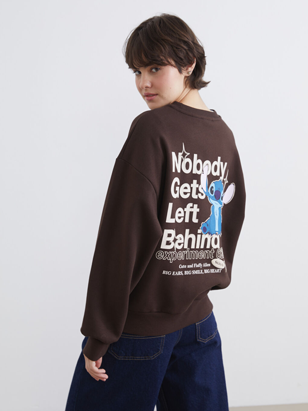 Kahverengi Stitch Baskılı Oversize Kadın Kalın Sweatshirt