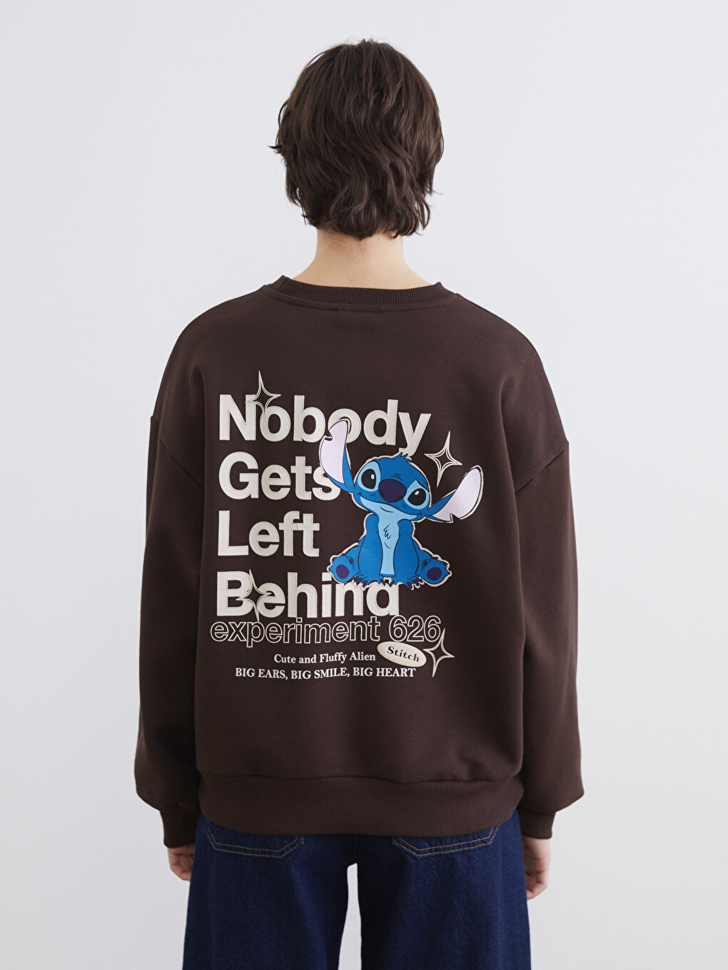 Kahverengi Stitch Baskılı Oversize Kadın Kalın Sweatshirt-3