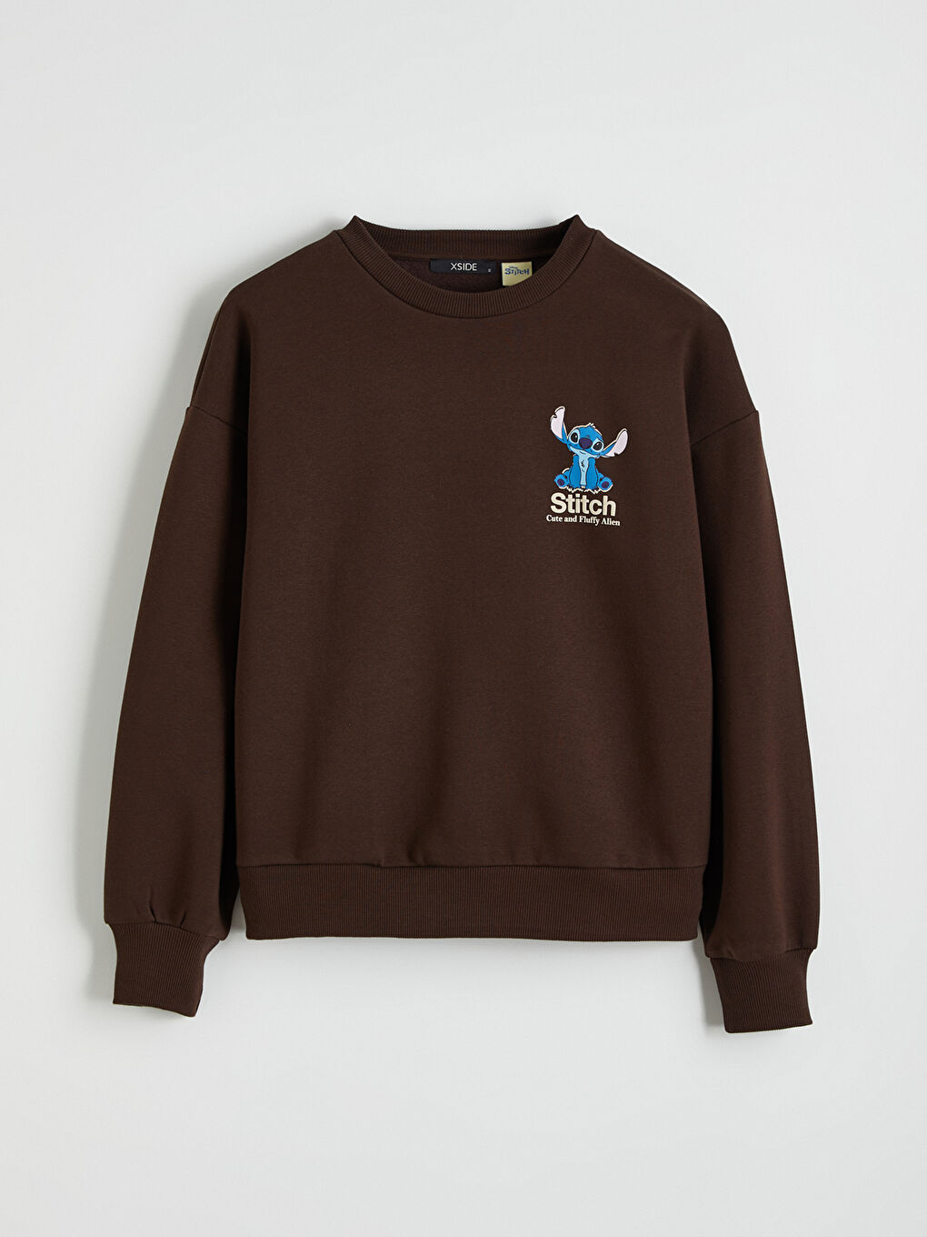 Kahverengi Stitch Baskılı Oversize Kadın Kalın Sweatshirt-4