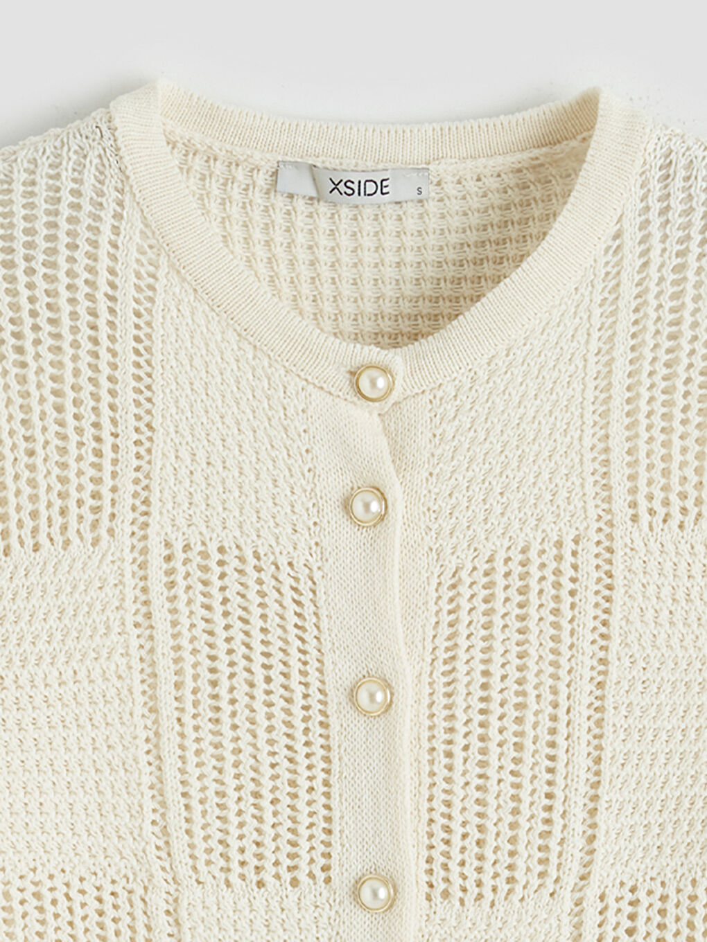 Bej Bisiklet Yaka Ajurlu Kadın Triko Hırka-6