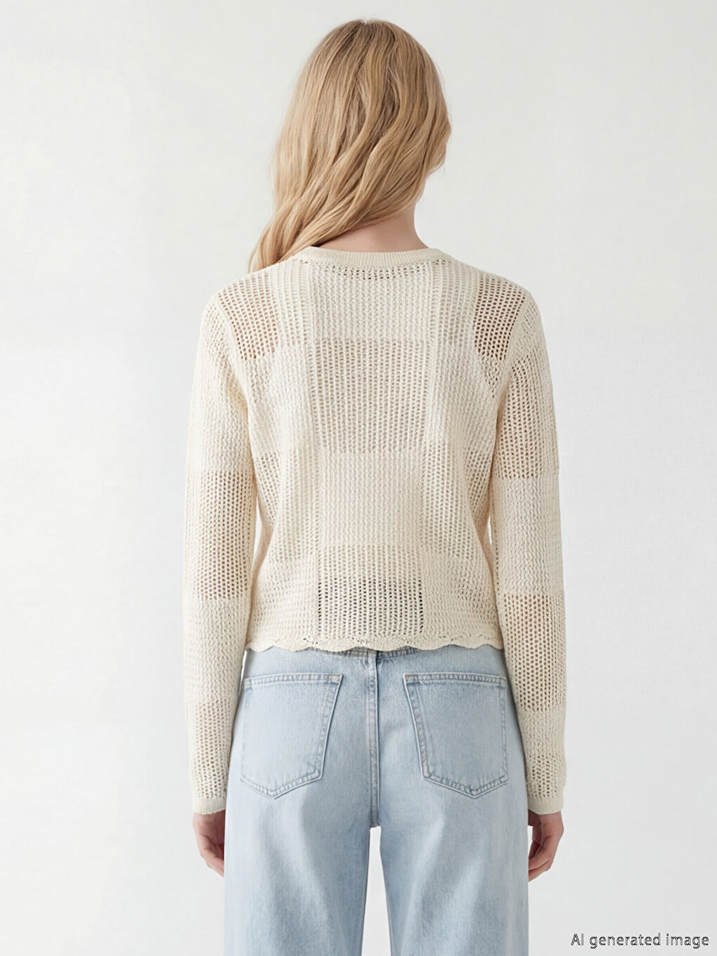 Bej Bisiklet Yaka Ajurlu Kadın Triko Hırka-3