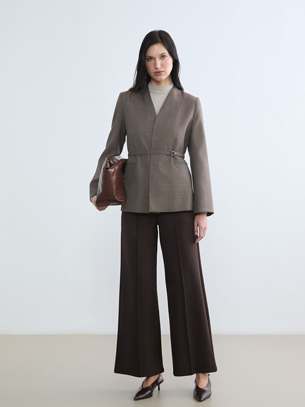 Kahverengi Kemerli Ekose Kadın Blazer Ceket-1