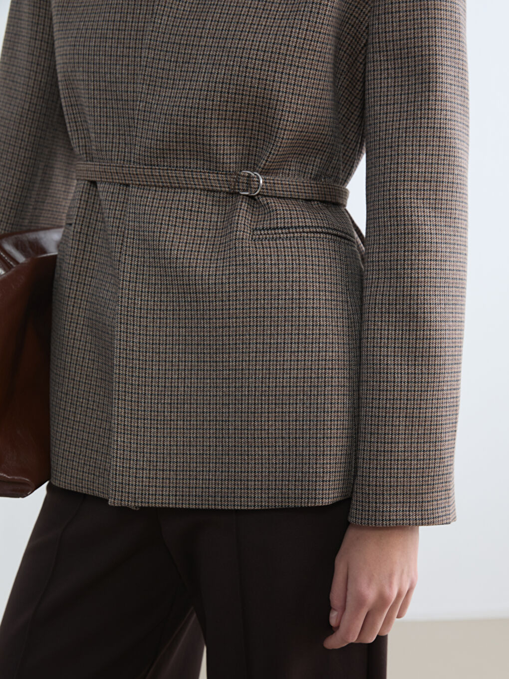 Kahverengi Kemerli Ekose Kadın Blazer Ceket-2