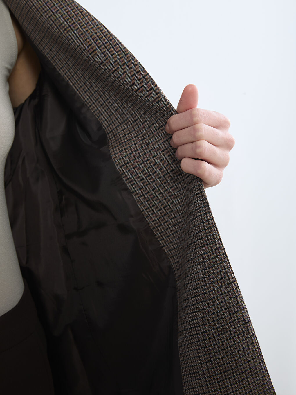 Kahverengi Kemerli Ekose Kadın Blazer Ceket-3